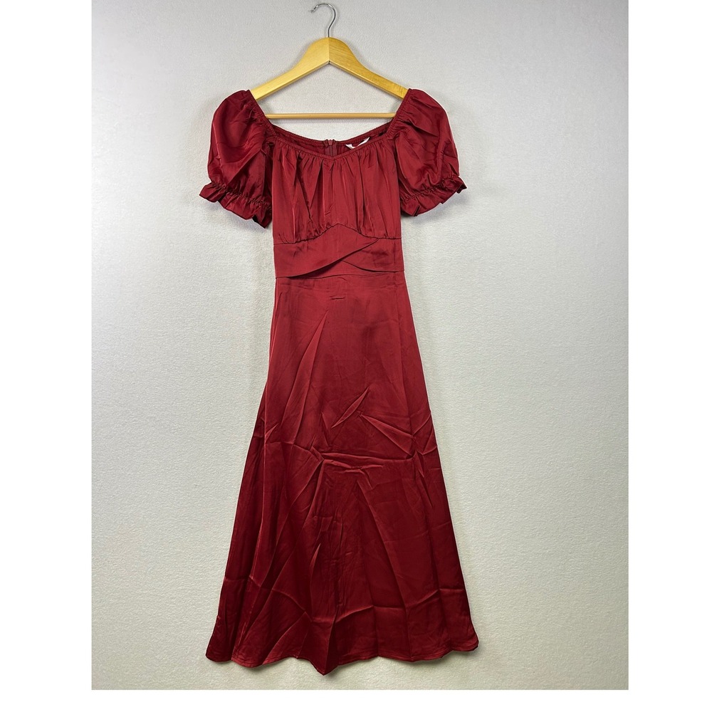 Kirundo Midi Dress Womens Small Burgundy‎ New Puff Sleeve Satin A-Line Romantic